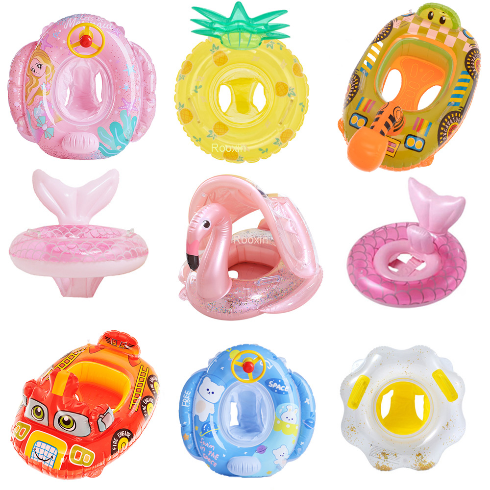 Baby Swimming Floater - ห่วงยางว่ายน้ำรูปนกฟลามิงโก Rooxin สำหรับเด็กทารก พร้อมที่บังแดด เบาะลอยน้ำ สำหรับสระว่ายน้ำ