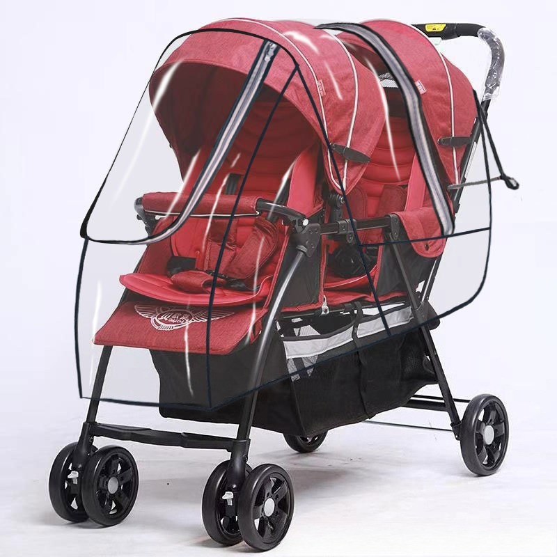 Stroller Rain Cover - ผ้าคลุมรถเข็นเด็กแบบสองที่นั่ง ป้องกันลมและฝน สำหรับด้านหน้าและด้านหลัง