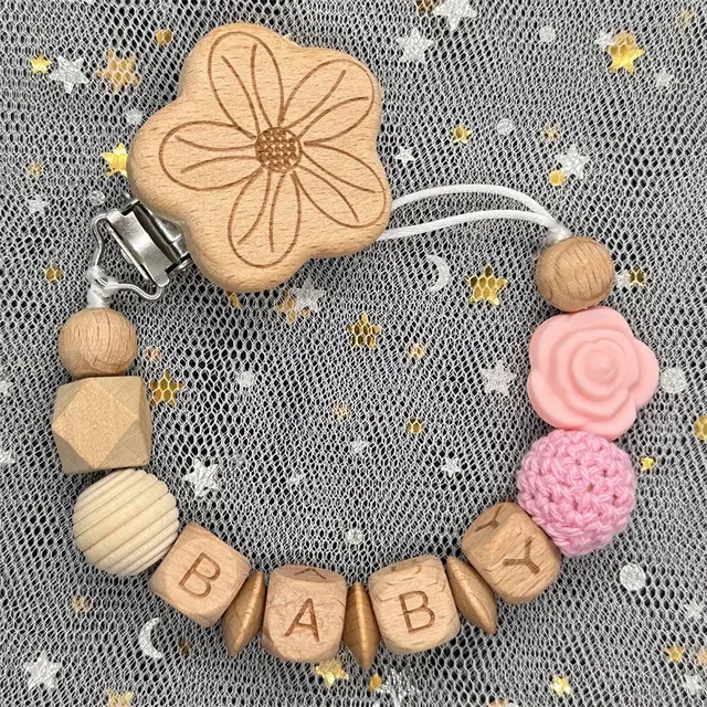 Baby Products Discount - ดอกไม้สีชมพูขายที่กําหนดเองชื่อไม้ส่วนบุคคล Pacifier โซ่ Beech ลูกปัด Dummy
